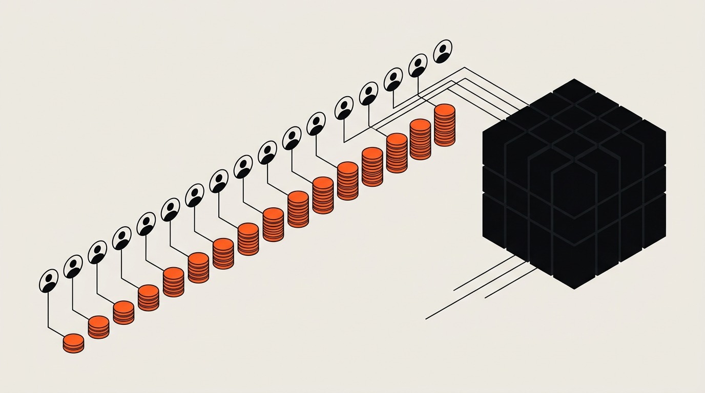 Une rangée d'icônes d'utilisateurs, chacune reliée à une pile de pièces orange de plus en plus haute, face à un grand bloc noir relié par quelques lignes seulement