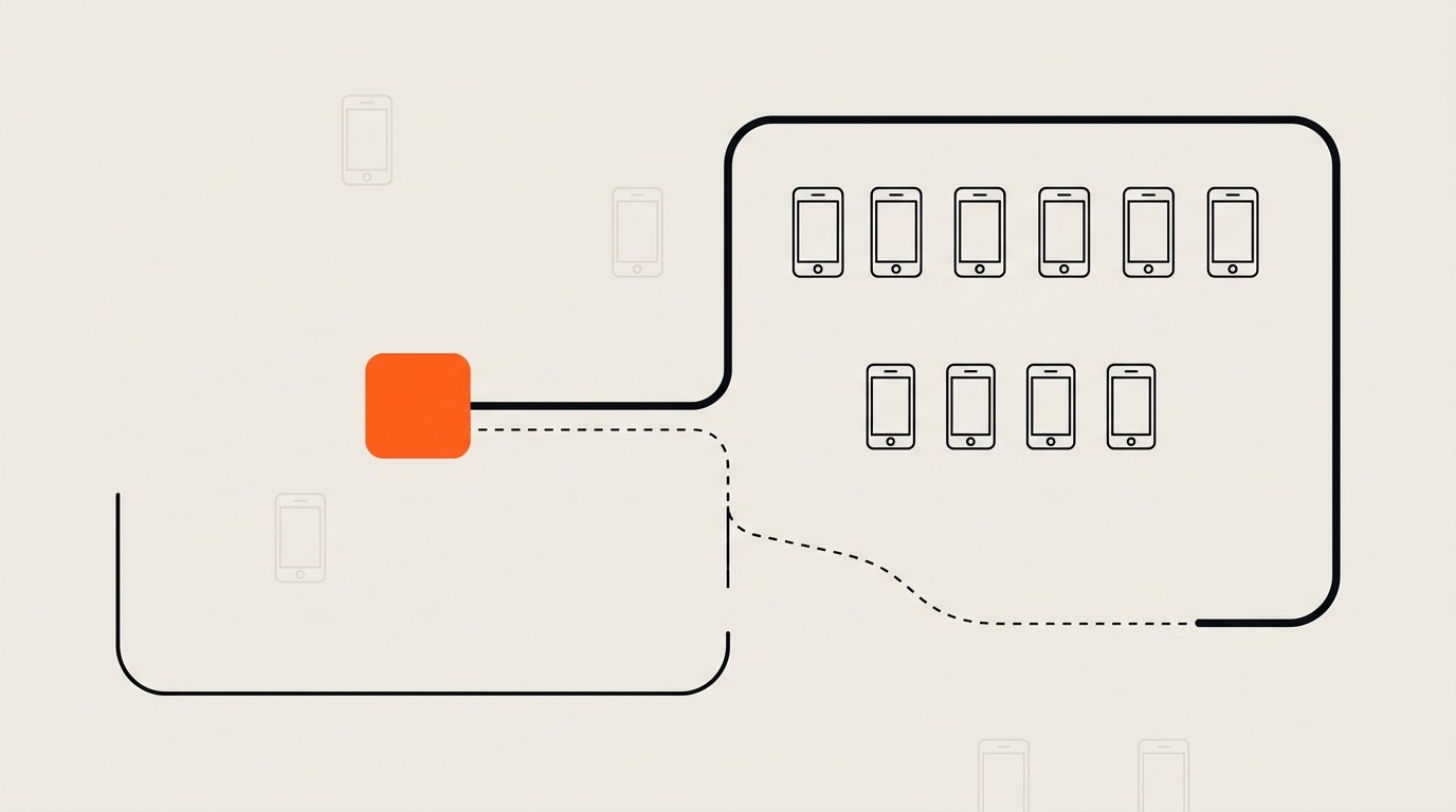 Une icône d'application orange reliée par un trait épais à un périmètre fermé contenant dix téléphones, tandis que quelques téléphones pâles restent à l'extérieur