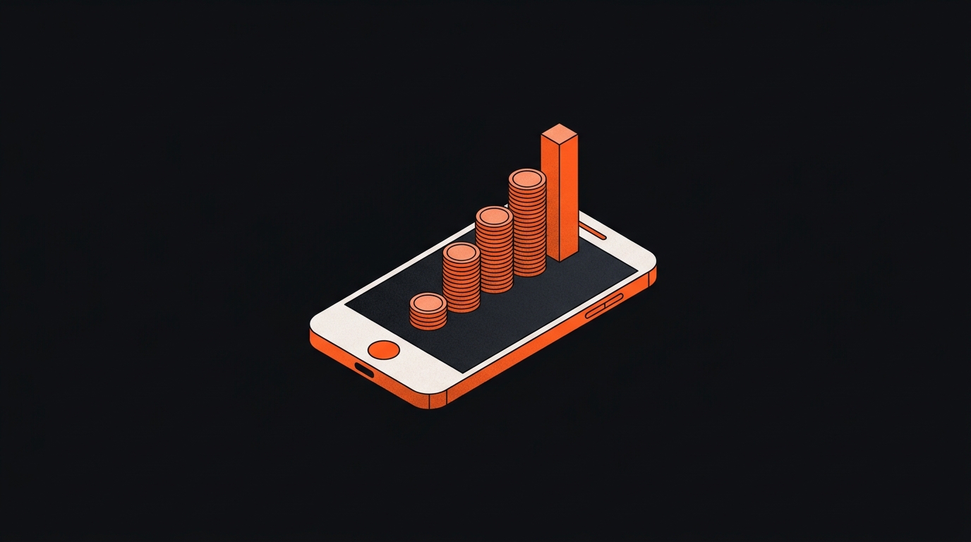 Illustration isométrique d'un smartphone d'où s'élèvent des piles de pièces formant un graphique croissant
