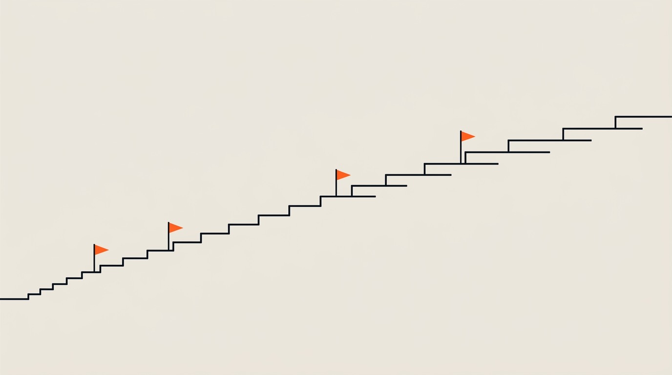 Escalier aux marches basses qui monte lentement de gauche à droite, jalonné de petits drapeaux orange