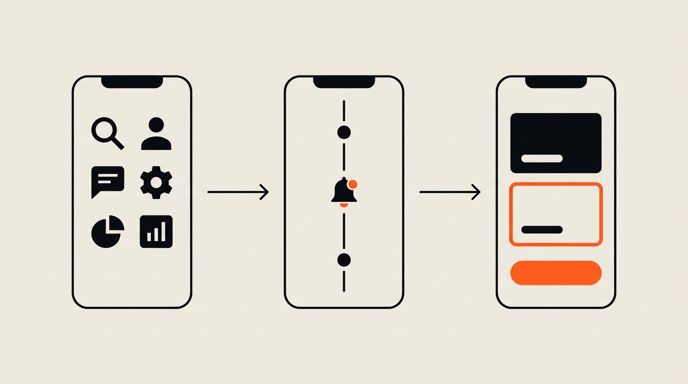 Trois écrans de téléphone reliés par des flèches : fonctions de l'application, chronologie de l'essai avec une cloche, puis deux offres dont une encadrée en orange au-dessus d'un bouton