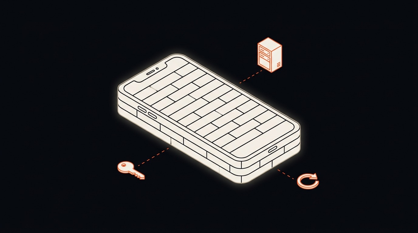 Smartphone construit en briques identiques, relié par des pointillés orange à une clé, un serveur et une flèche de mise à jour