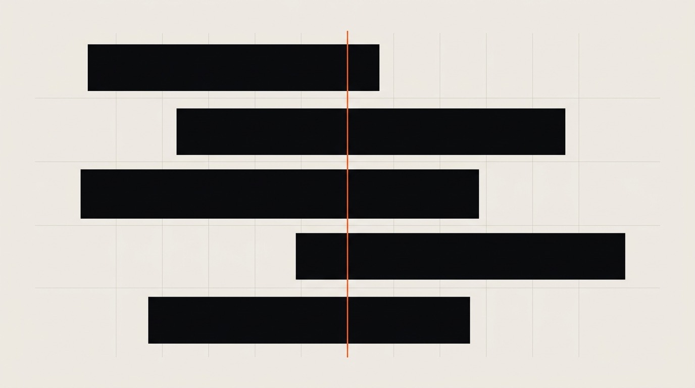 Schéma abstrait de cinq barres horizontales décalées et de longueurs différentes, qui ne se recouvrent que partiellement, traversées par un trait vertical orange