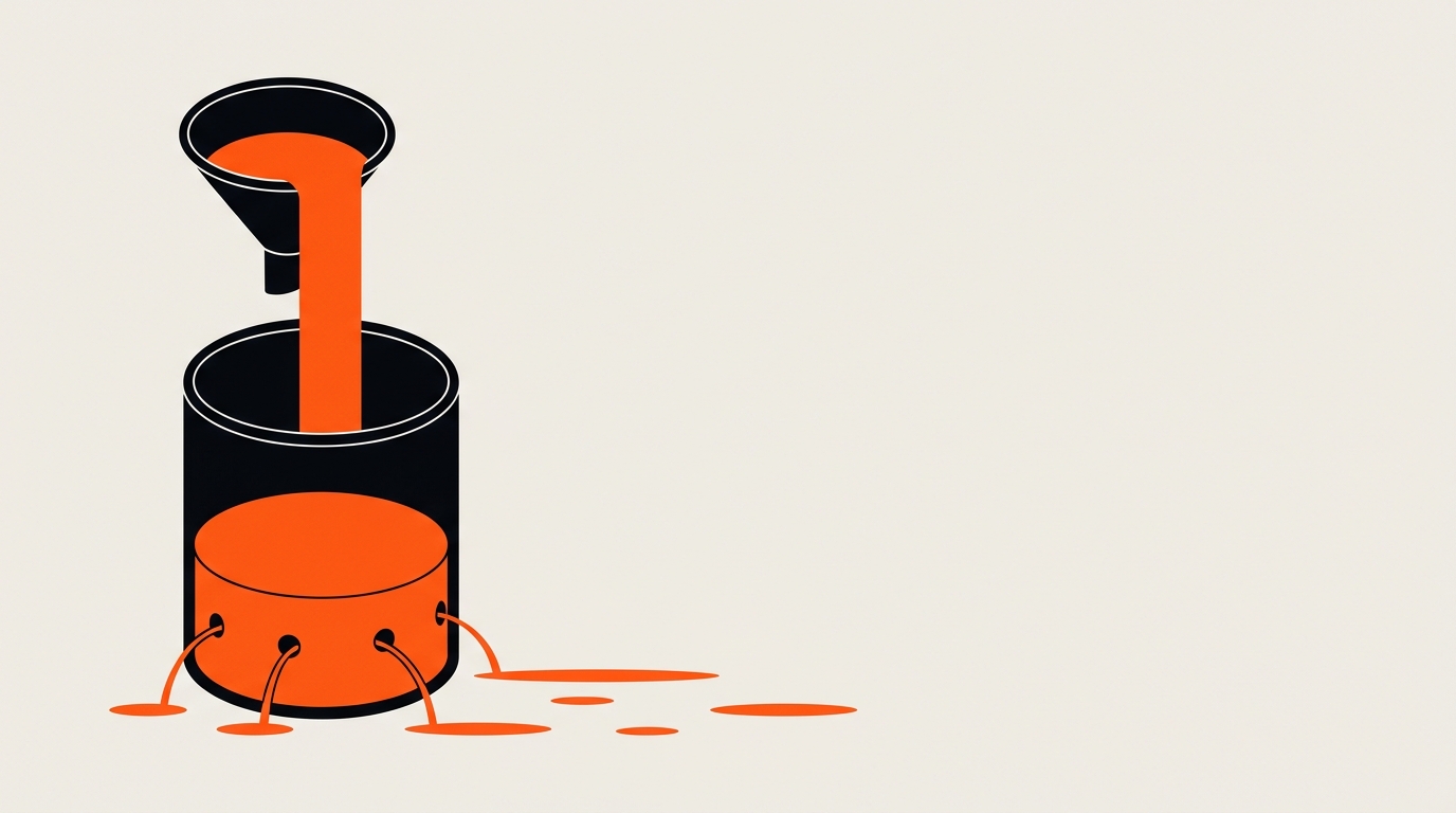 Illustration isométrique d'un entonnoir remplissant un réservoir qui fuit par quatre trous à sa base