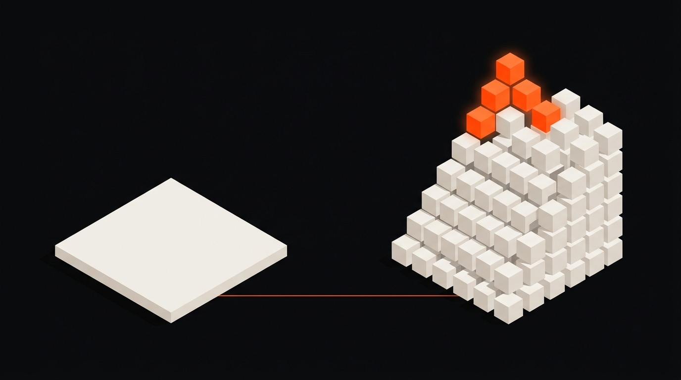 Une dalle plate à gauche, une pile de petits cubes à droite dont les plus hauts sont orange, reliées par une ligne orange au sol