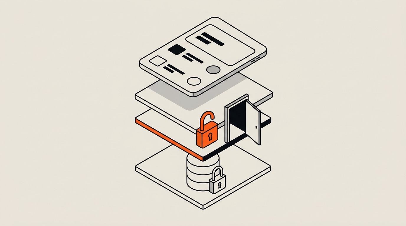 Coupe en trois couches : une interface soignée au-dessus d'une couche où un cadenas orange est ouvert devant une porte entrouverte, au-dessus d'une base de données verrouillée