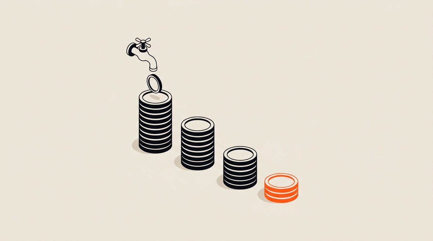 Quatre piles de pièces décroissantes, du prix affiché de l'abonnement à ce qui reste en poche, la dernière pile en orange