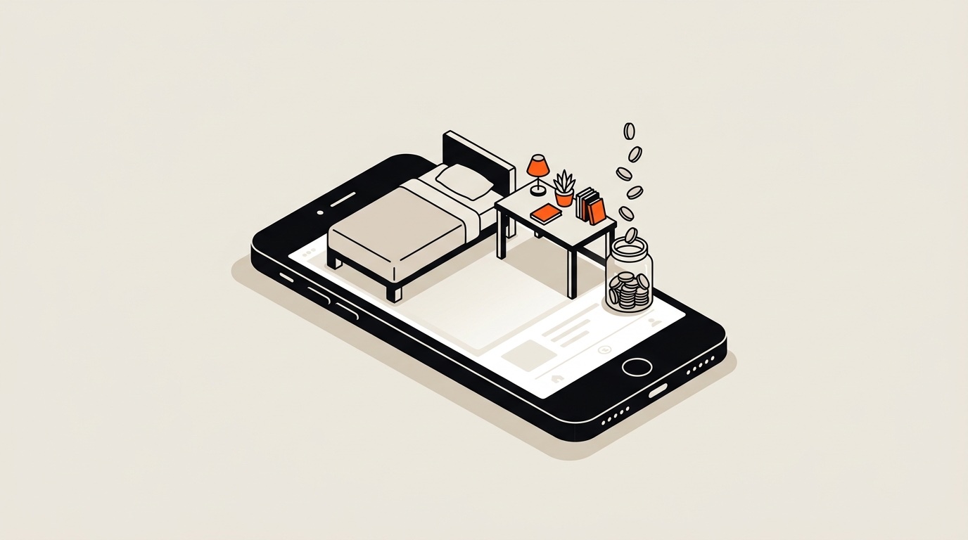 Illustration isométrique d'un petit espace de vie avec lit et bureau installé sur un smartphone géant, des pièces s'élevant de l'écran vers un bocal